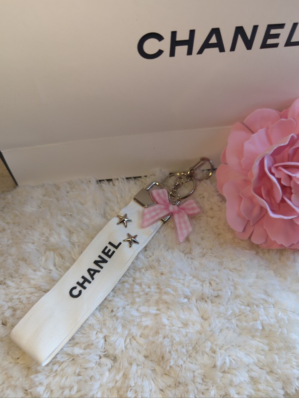 CHANEL White Strap Key Holder with Pink Gingham Bow Upcycled Bag Charm Key Chain